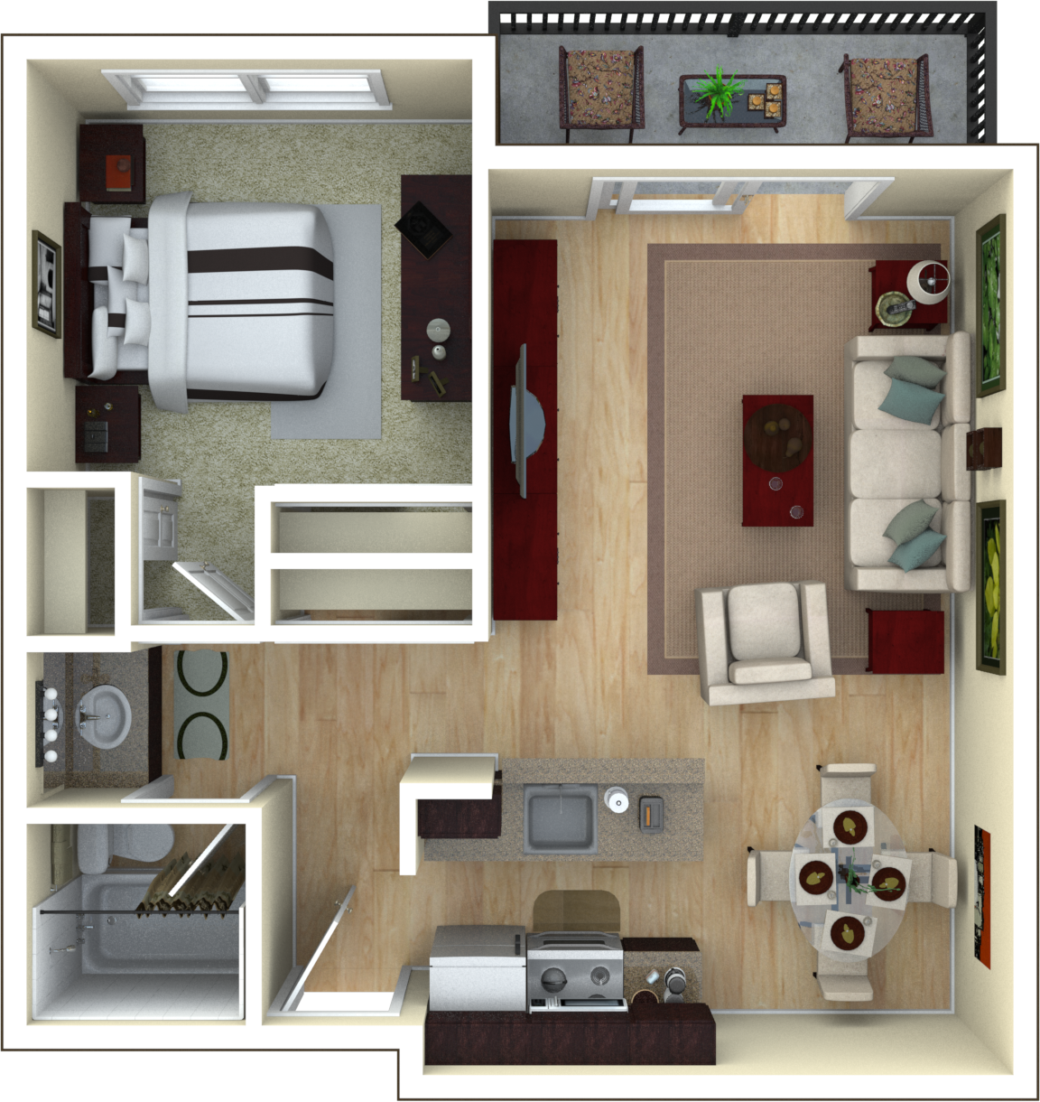 Floor plan for 1 bed, 1 bath, 657 sqft