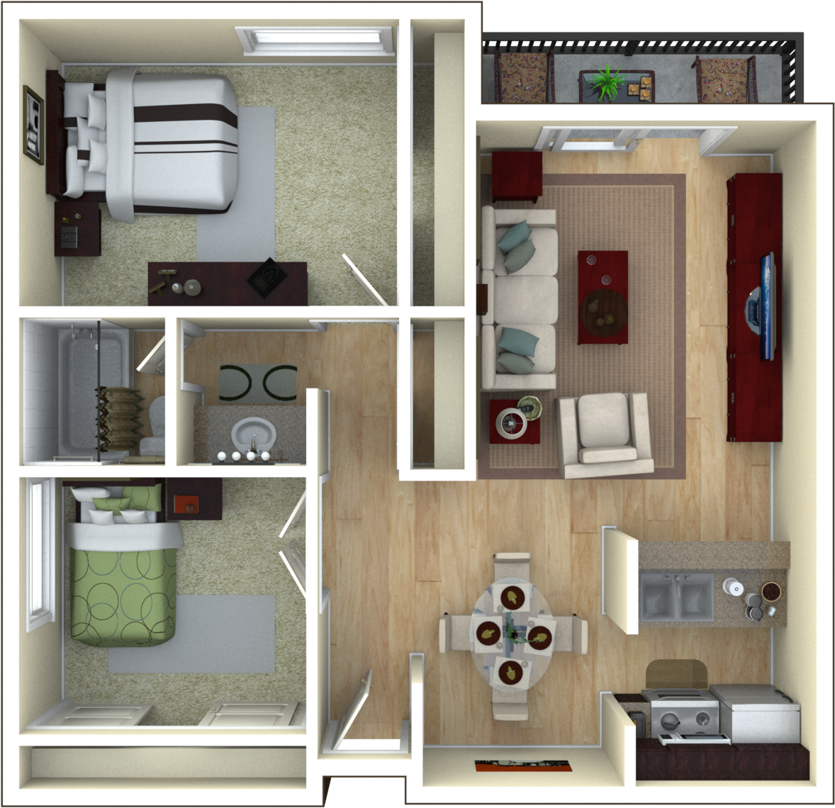 Floor plan for 2 beds, 1 bath, 936 sqft