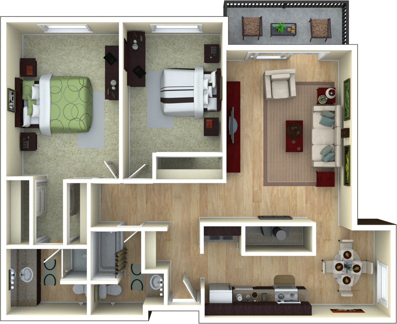 Floor plan for 2 beds, 2 baths, 1079 sqft