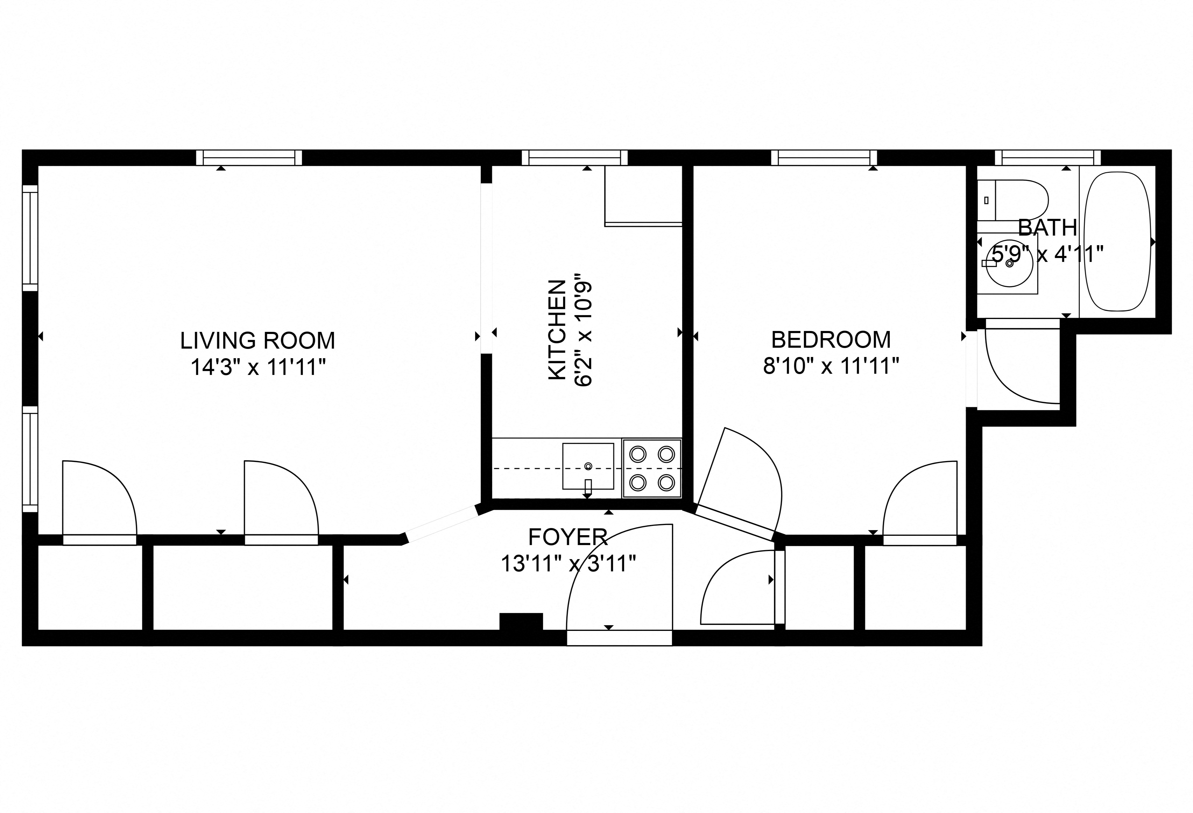 Floor plan for 1 bed, 1 bath, 540 sqft