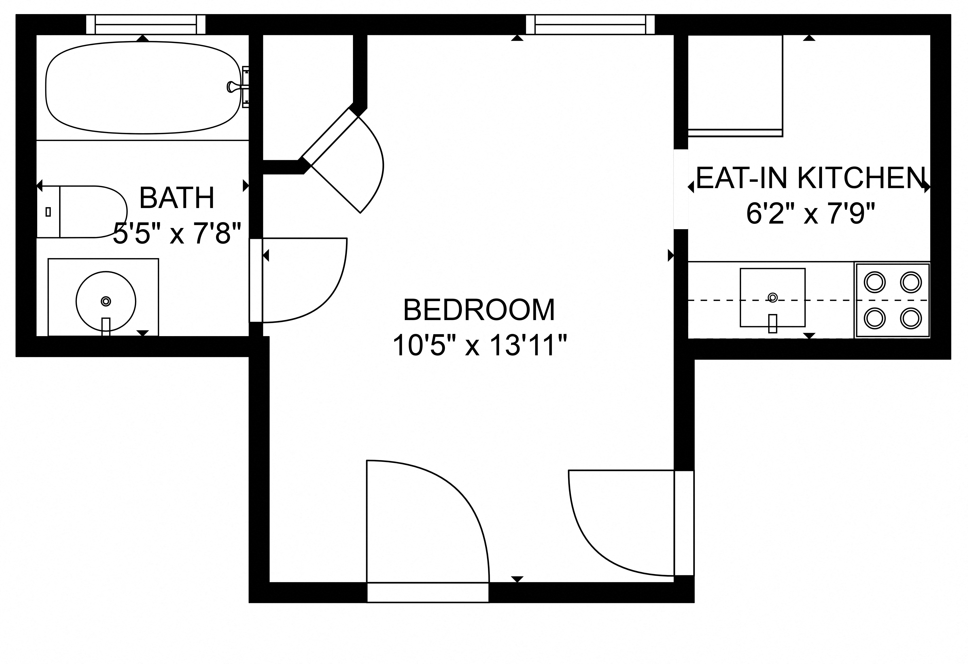 Floor plan for studio, 1 bath, 265 sqft