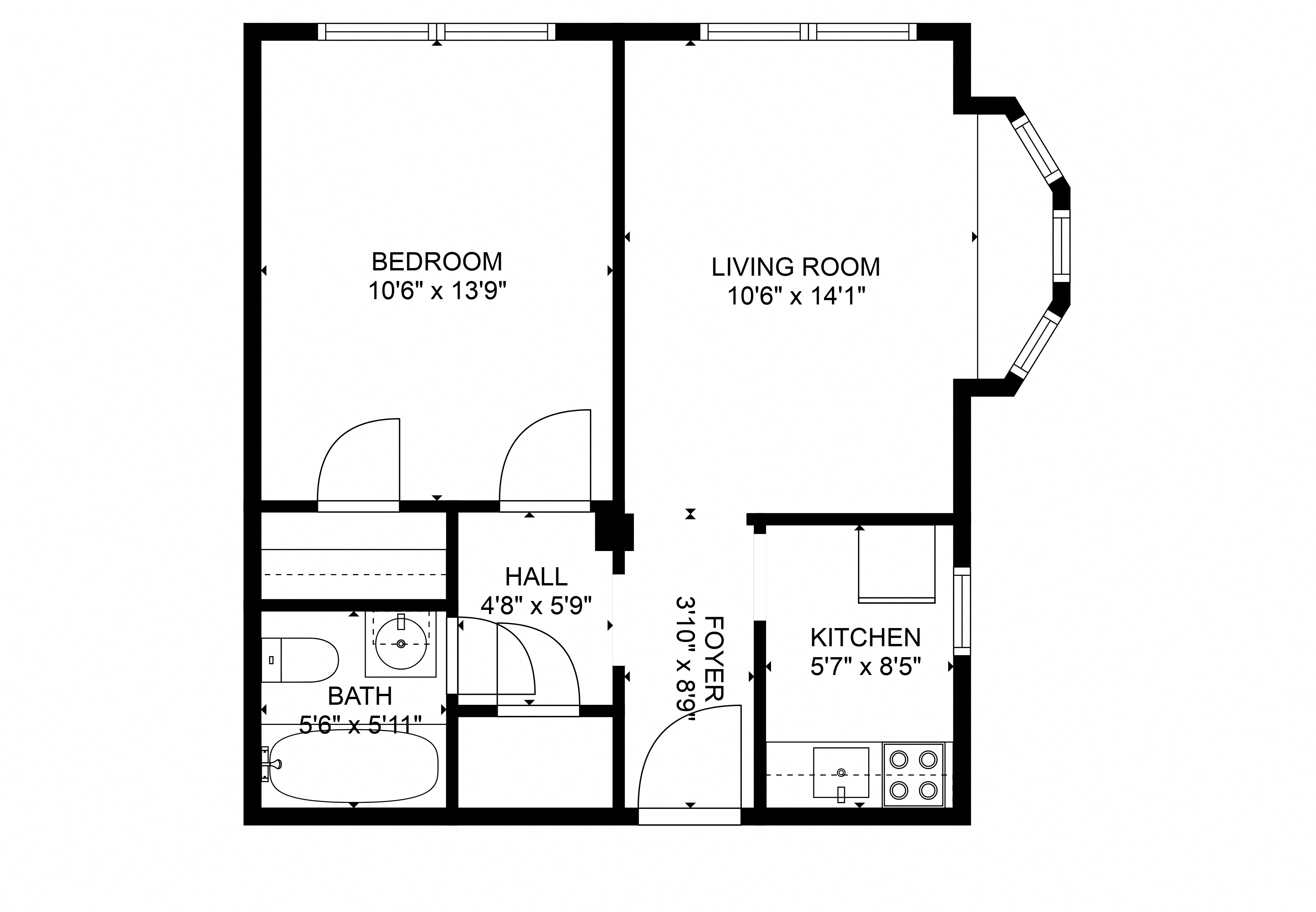Floor plan for 1 bed, 1 bath, 700 sqft