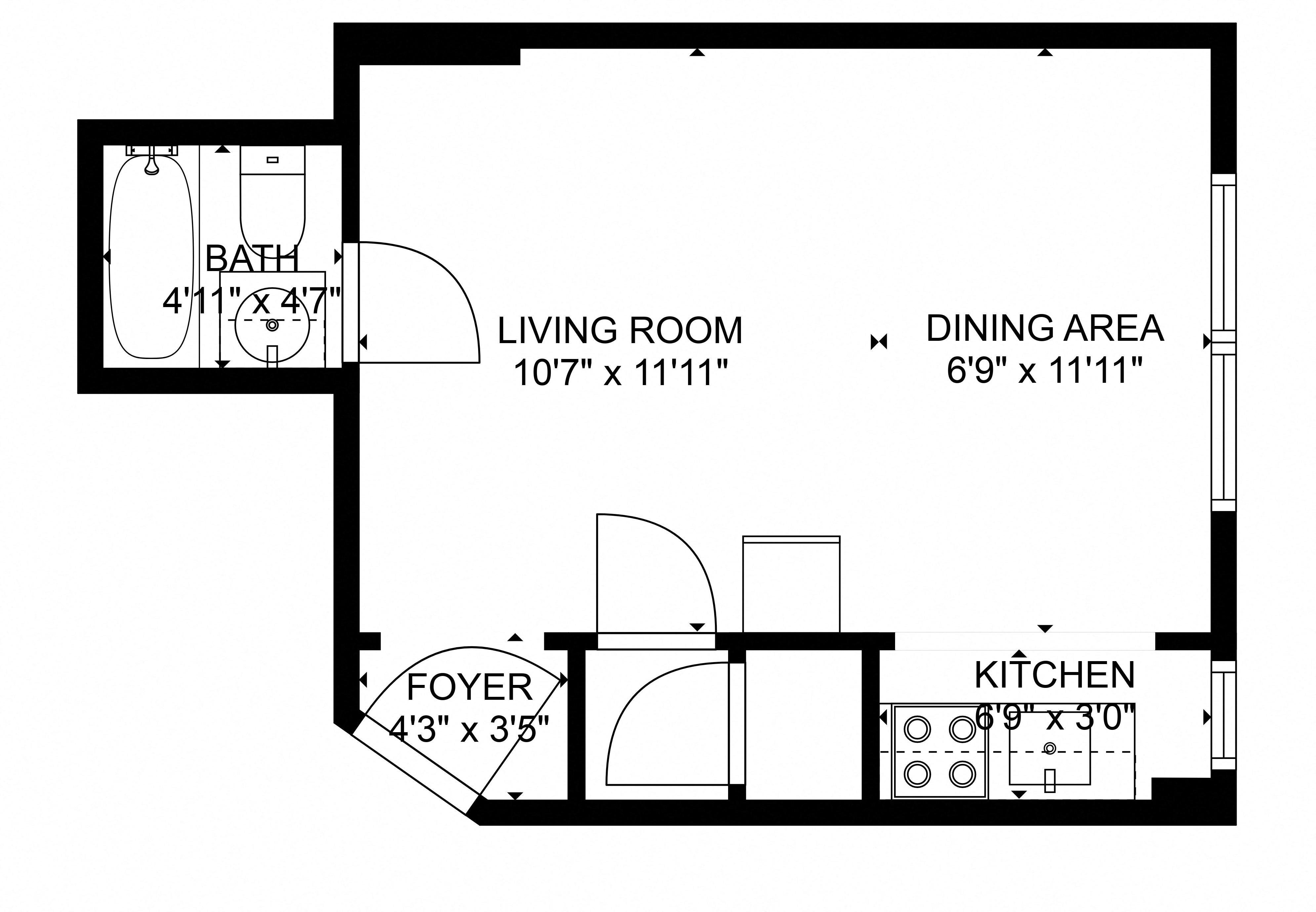 Floor plan for studio, 1 bath, 400 sqft