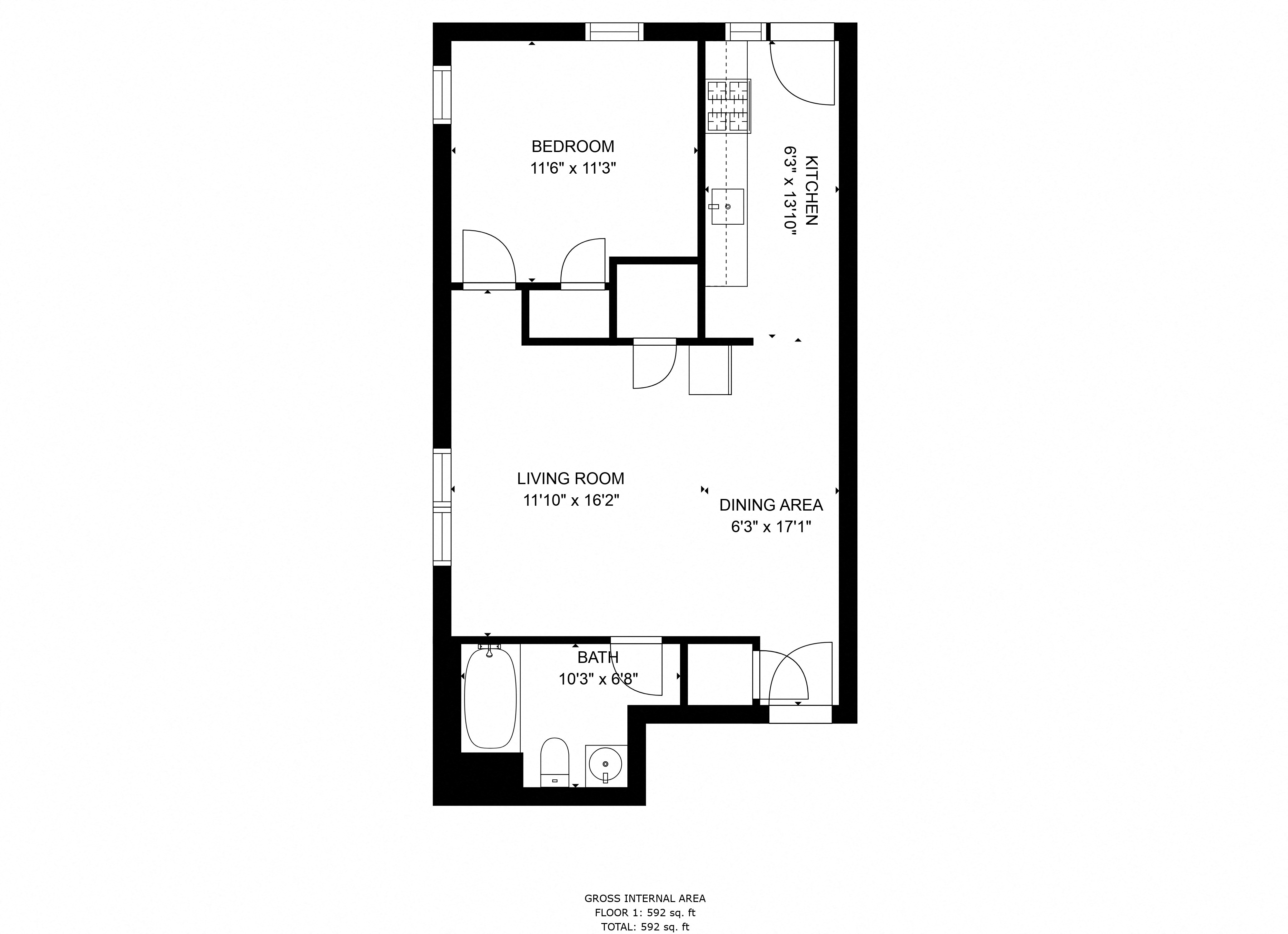 Floor plan for 1 bed, 1 bath, 486 sqft