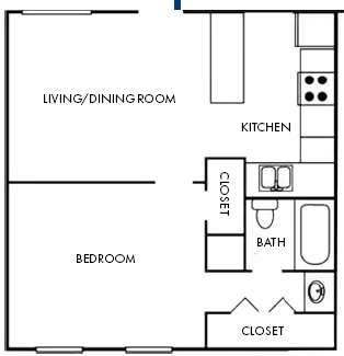 Floor plan for 1 bed, 1 bath, 573 sqft