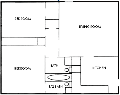 Floor plan for 2 beds, 1.5 baths, 728 sqft