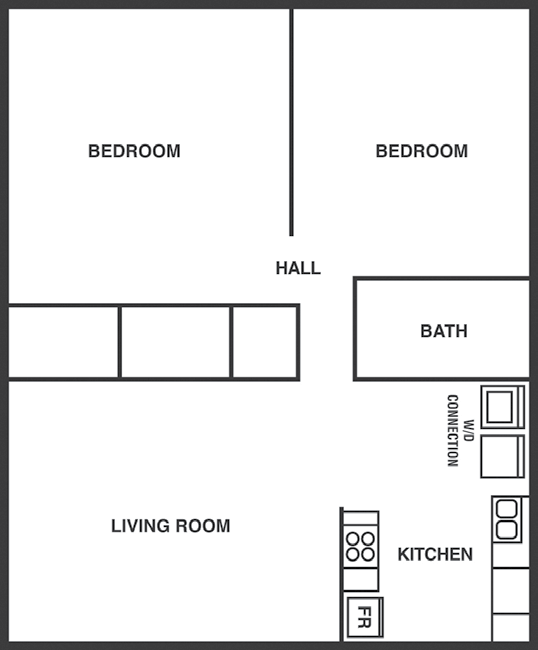Floor plan for 2 beds, 1 bath, 775 sqft