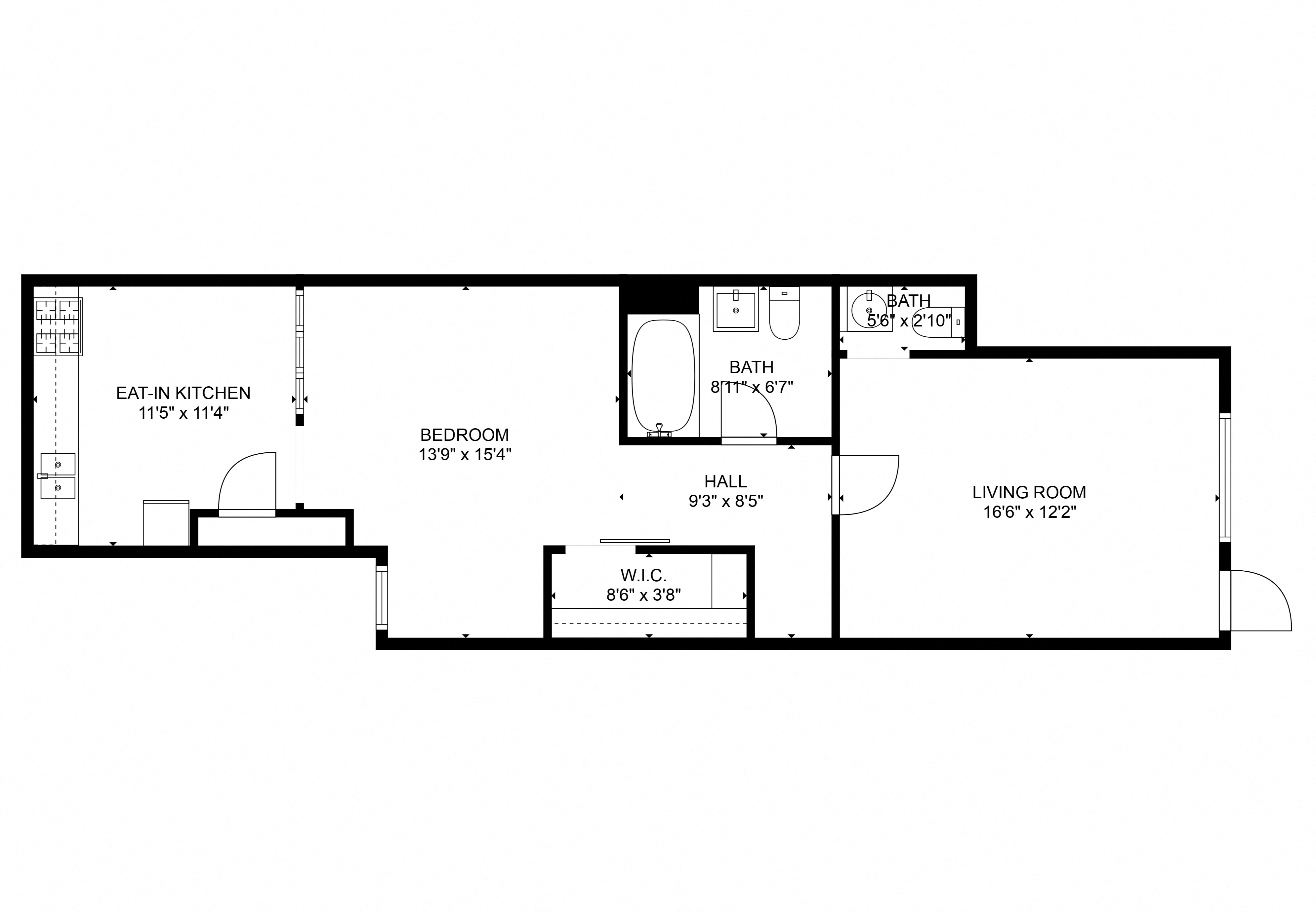 Floor plan for 1 bed, 1.5 baths, 1300 sqft