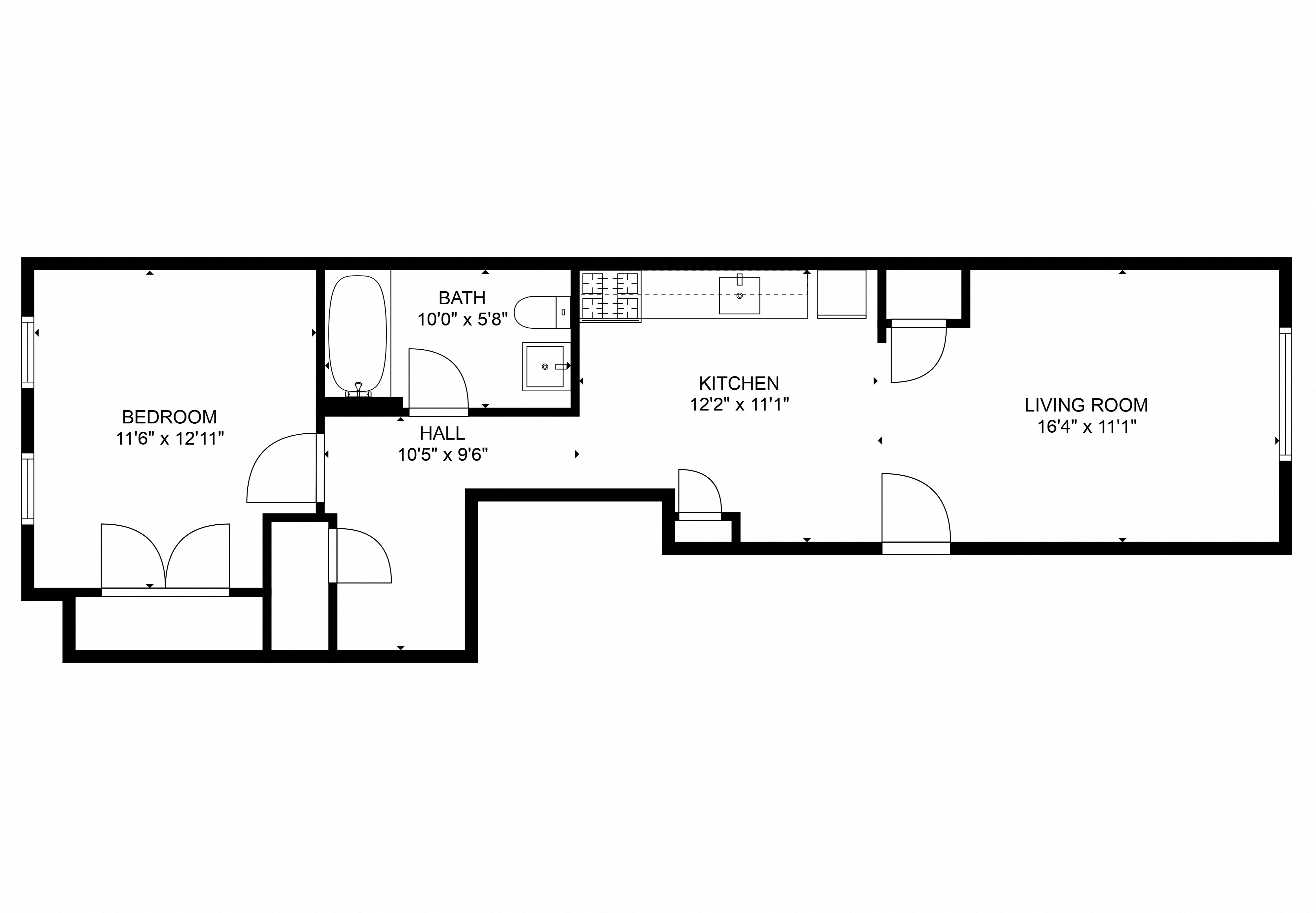 Floor plan for 1 bed, 1 bath, 600 sqft