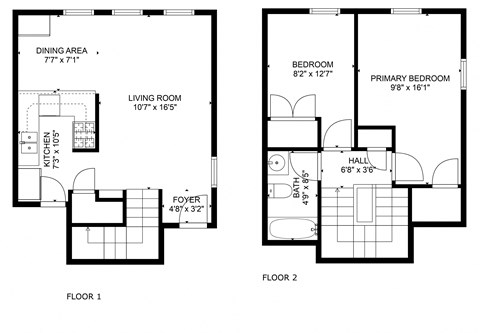 Floor plan for 2 beds, 2 baths, 1000 sqft
