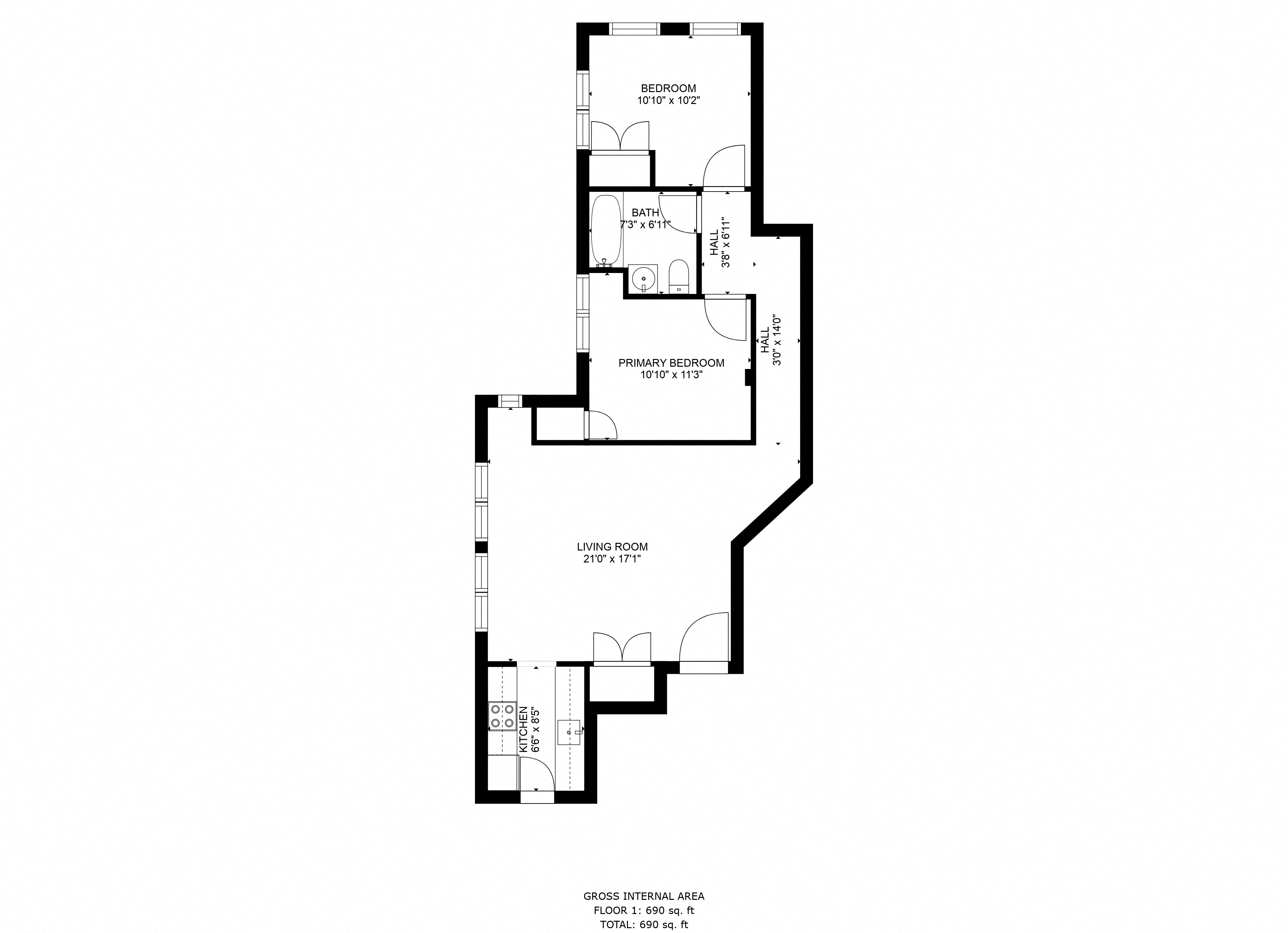 Floor plan for 2 beds, 1 bath, 770 sqft