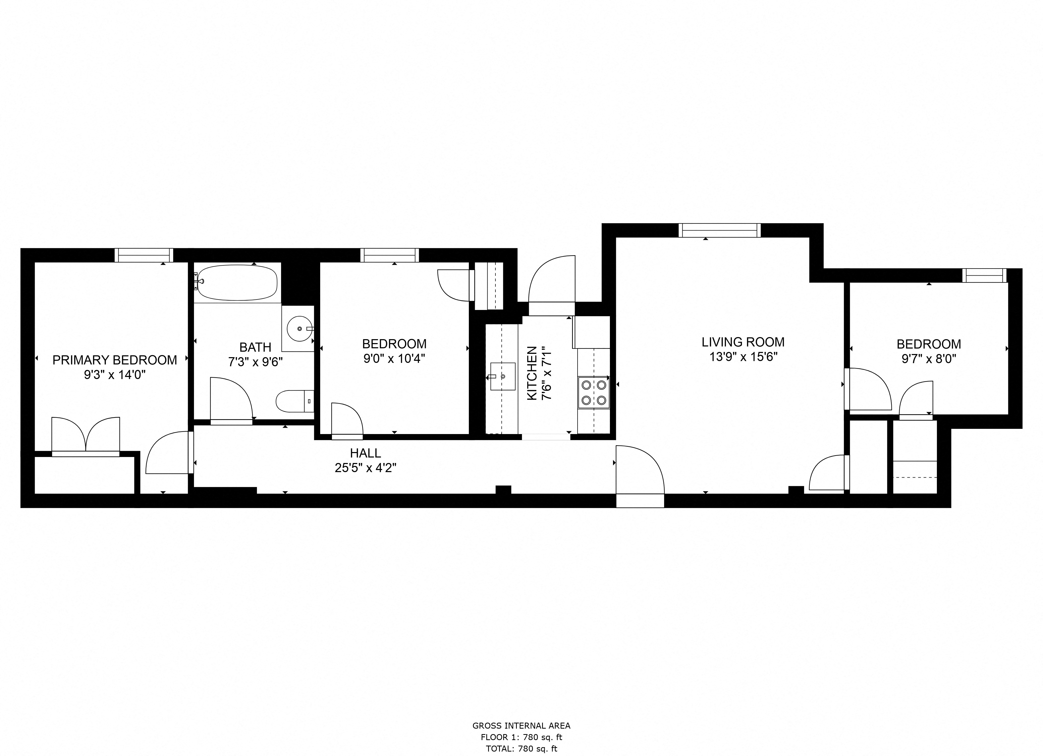 Floor plan for 3 beds, 1 bath, 902 sqft