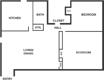 Floor plan for 2 beds, 1 bath, 788 sqft