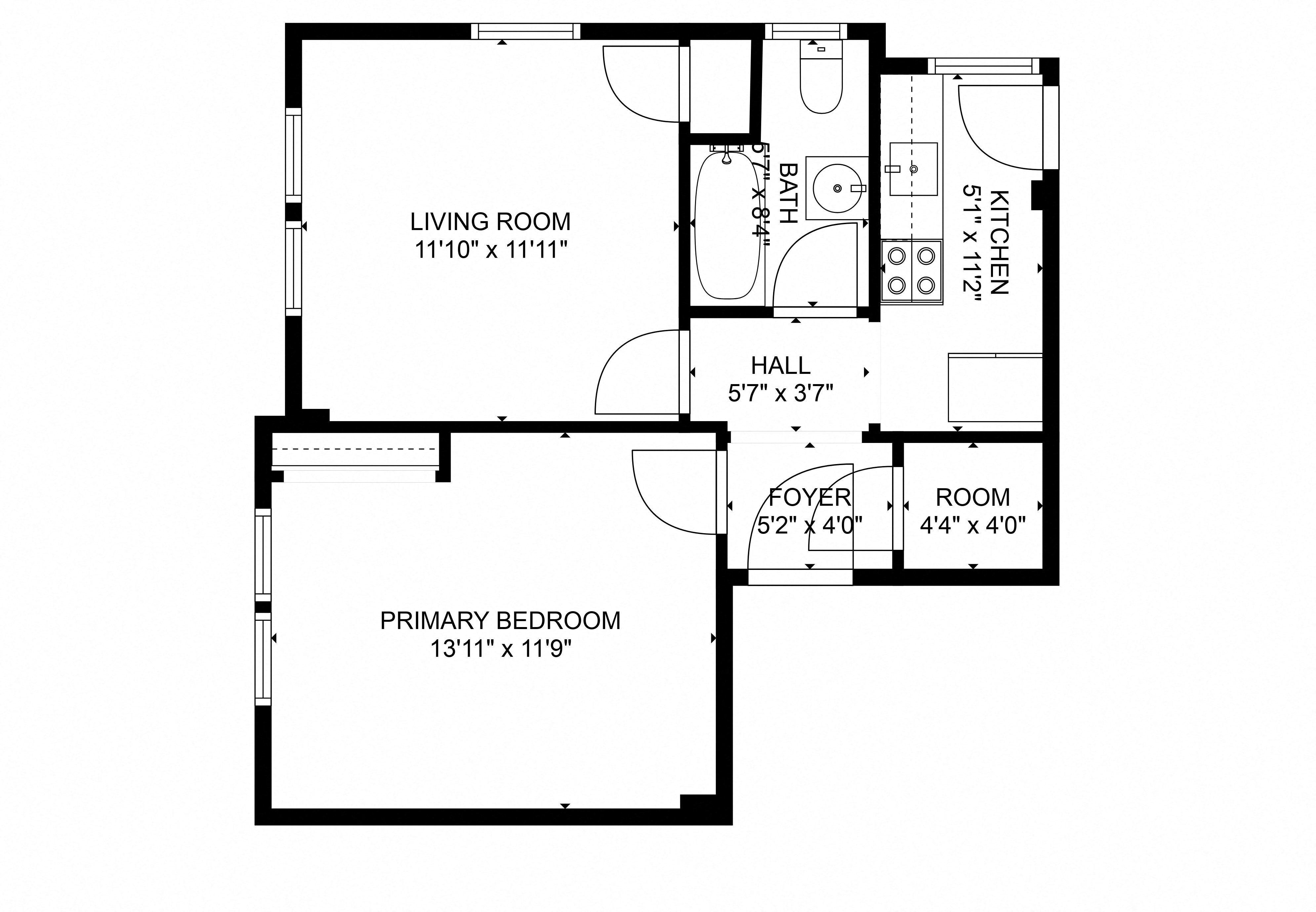 Floor plan for 1 bed, 1 bath, 450 sqft