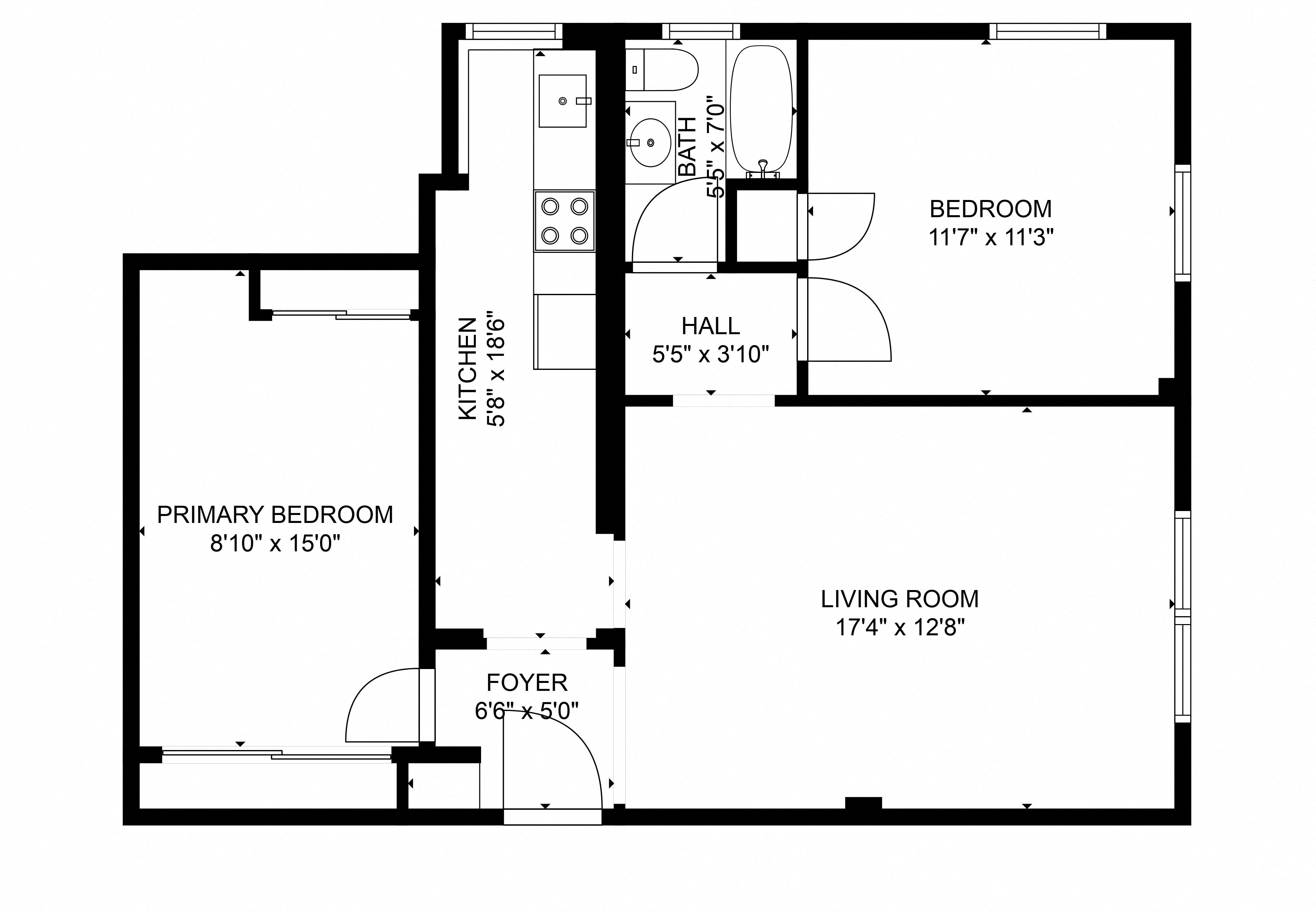 Floor plan for 2 beds, 1 bath, 600 sqft