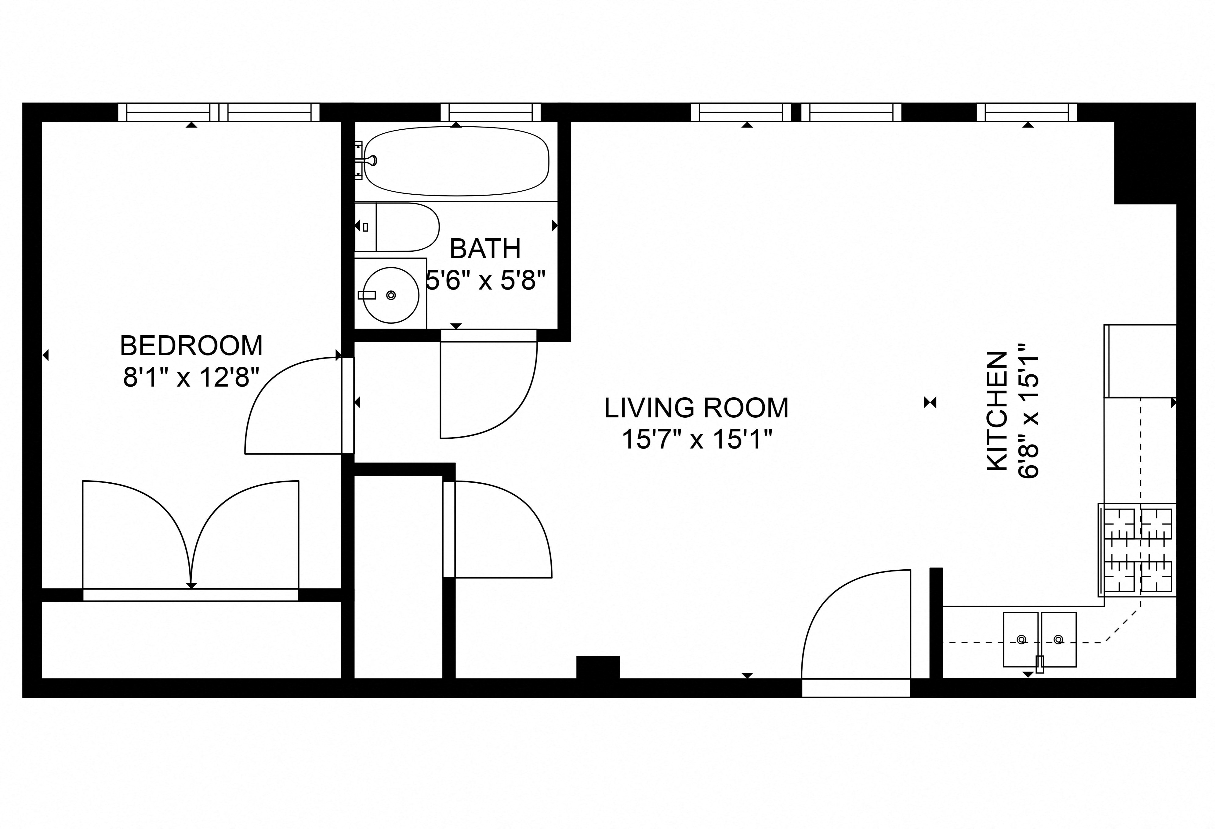 Floor plan for 1 bed, 1 bath, 539 sqft