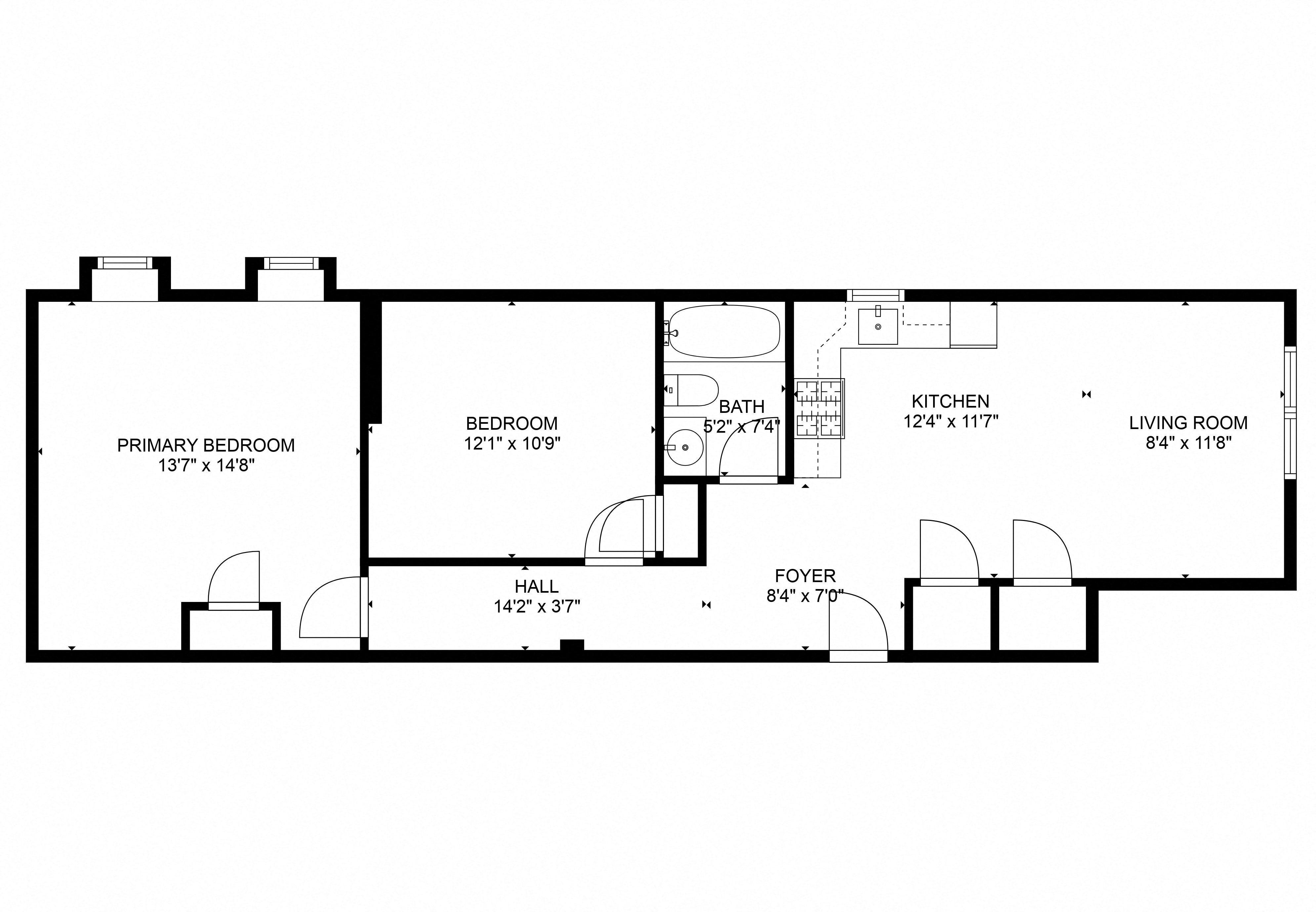 Floor plan for 2 beds, 1 bath, 845 sqft