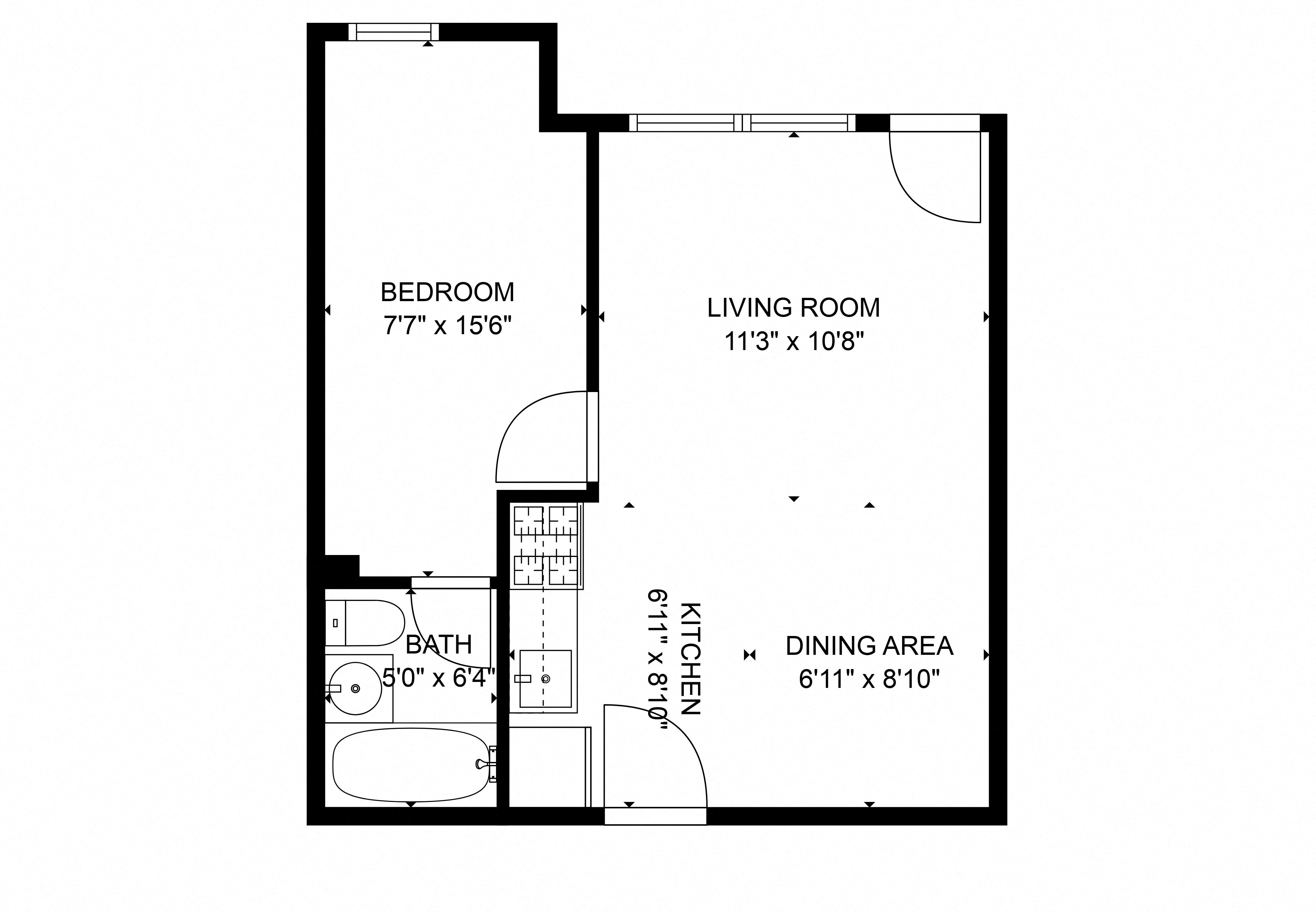 Floor plan for studio, 1 bath, 650 sqft
