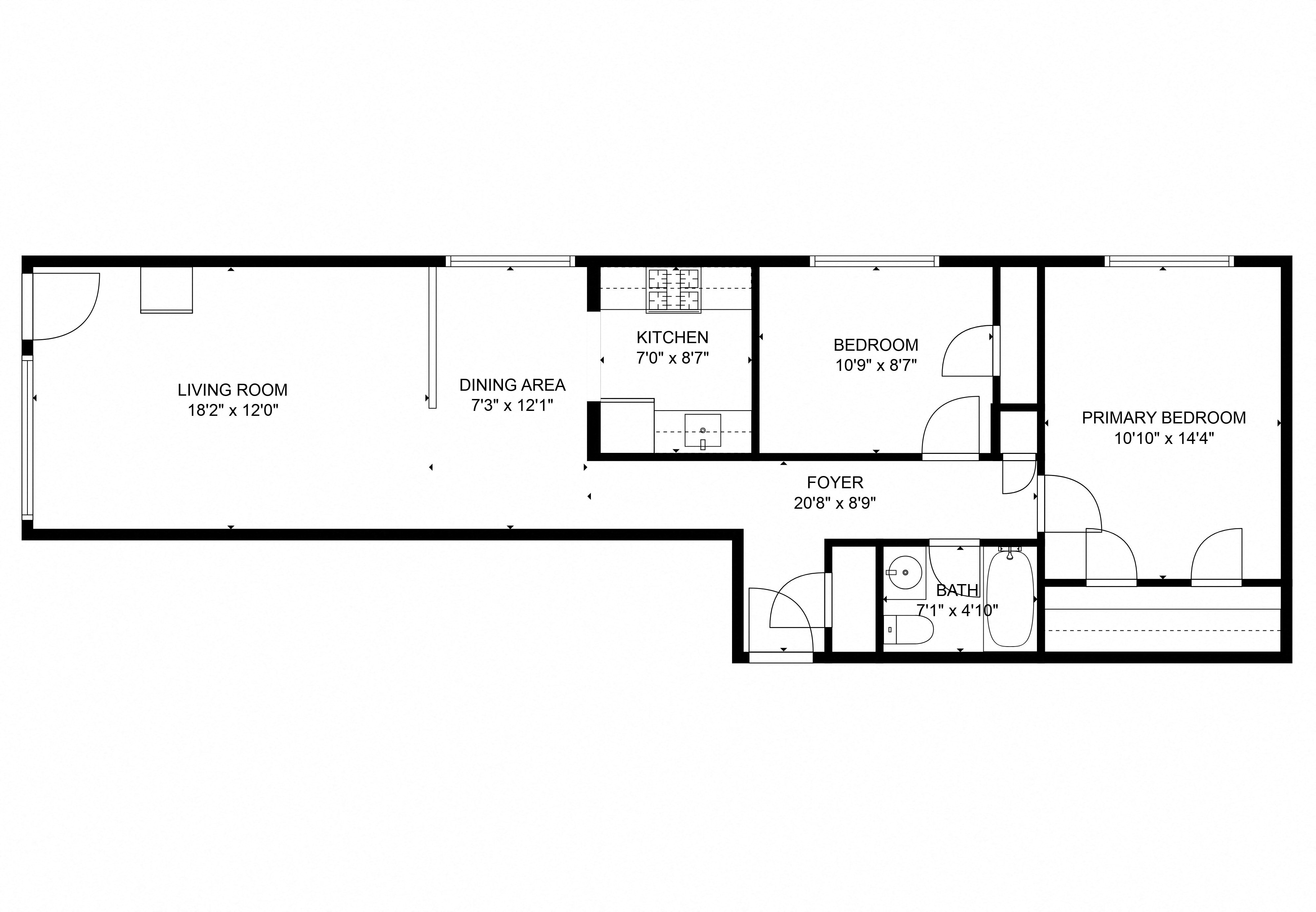Floor plan for 2 beds, 1 bath, 900 sqft