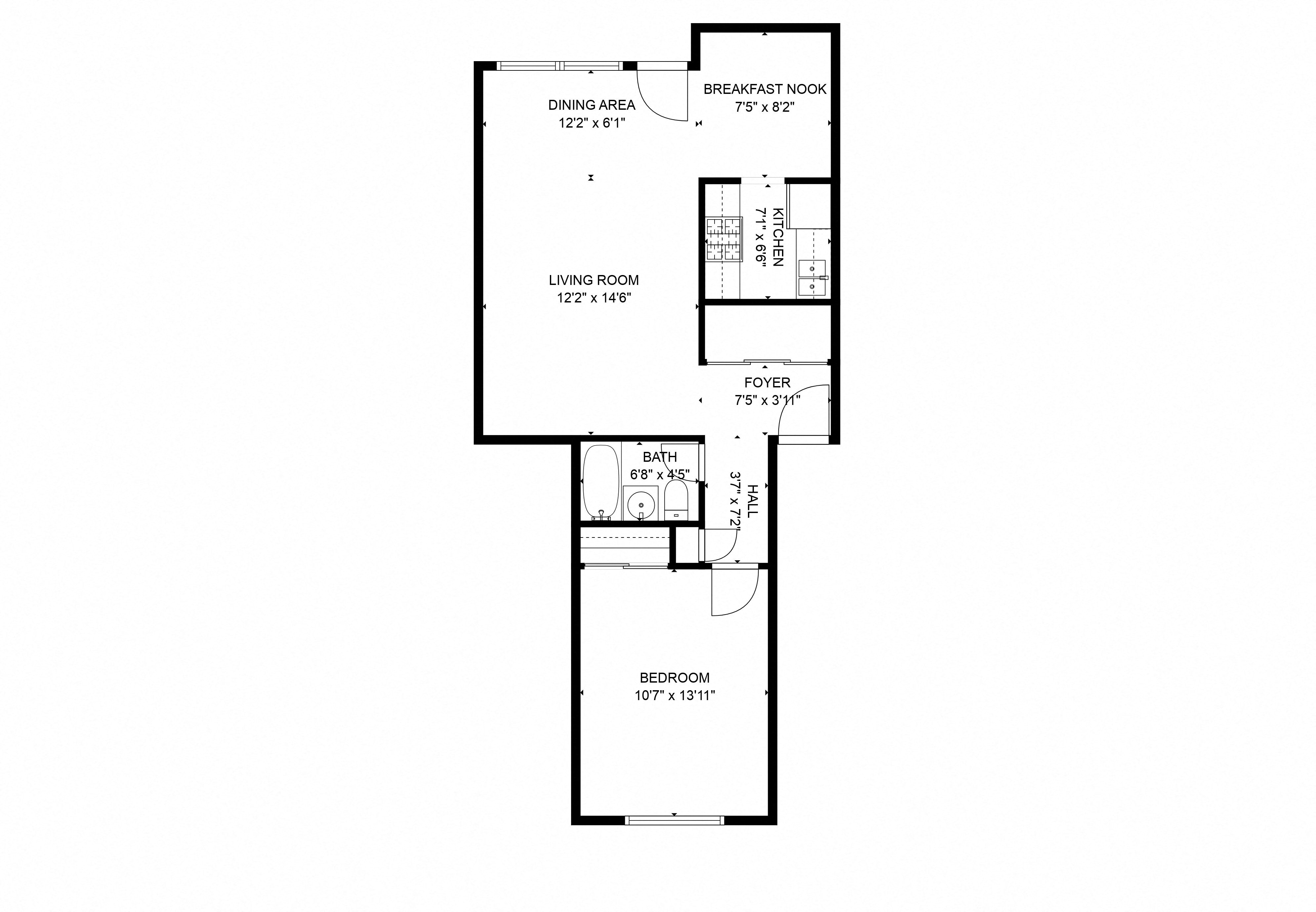 Floor plan for 1 bed, 1 bath, 800 sqft