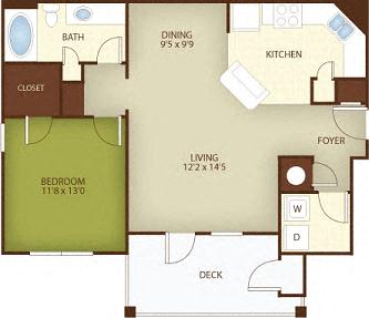 Floor plan for 1 bed, 1 bath, 833 sqft