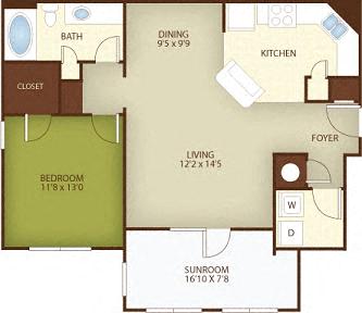 Floor plan for 1 bed, 1 bath, 968 sqft
