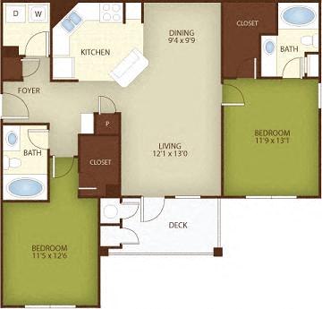 Floor plan for 2 beds, 2 baths, 1076 sqft