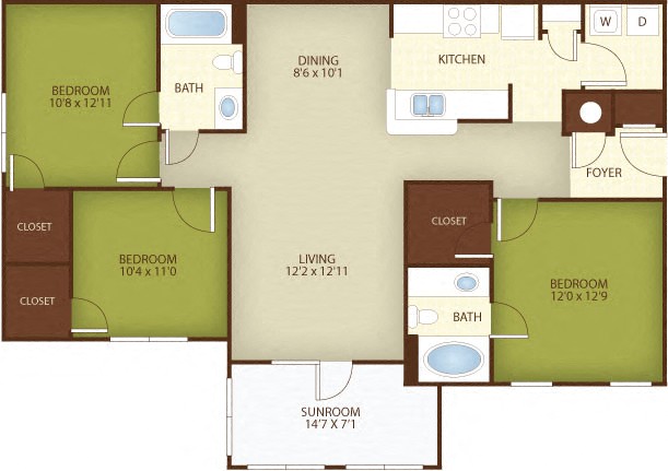 Floor plan for 3 beds, 2 baths, 1400 sqft