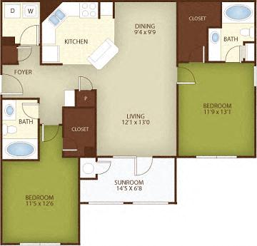 Floor plan for 2 beds, 2 baths, 1182 sqft