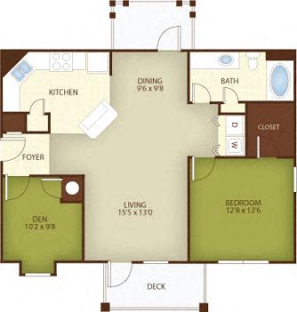 Floor plan for 1 bed, 1 bath, 943 sqft
