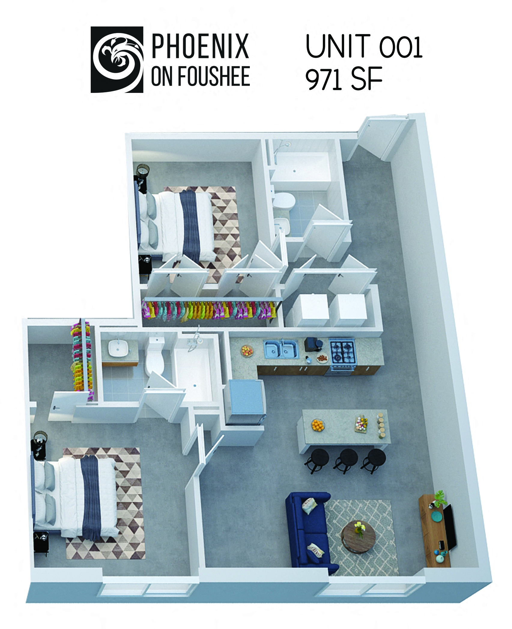 Floor plan for 2 beds, 2 baths, 971 sqft