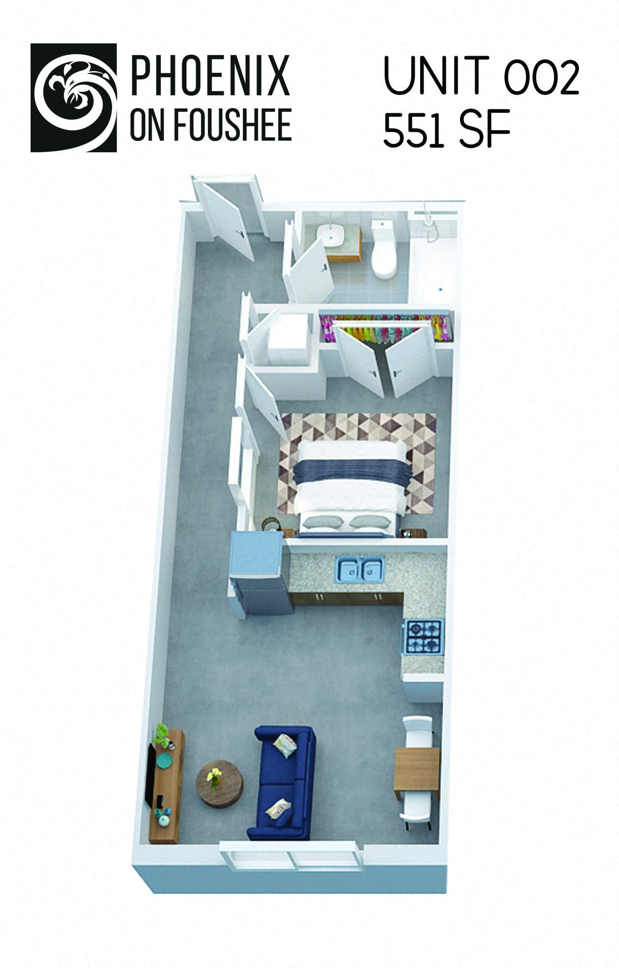 Floor plan for 1 bed, 1 bath, 551 sqft