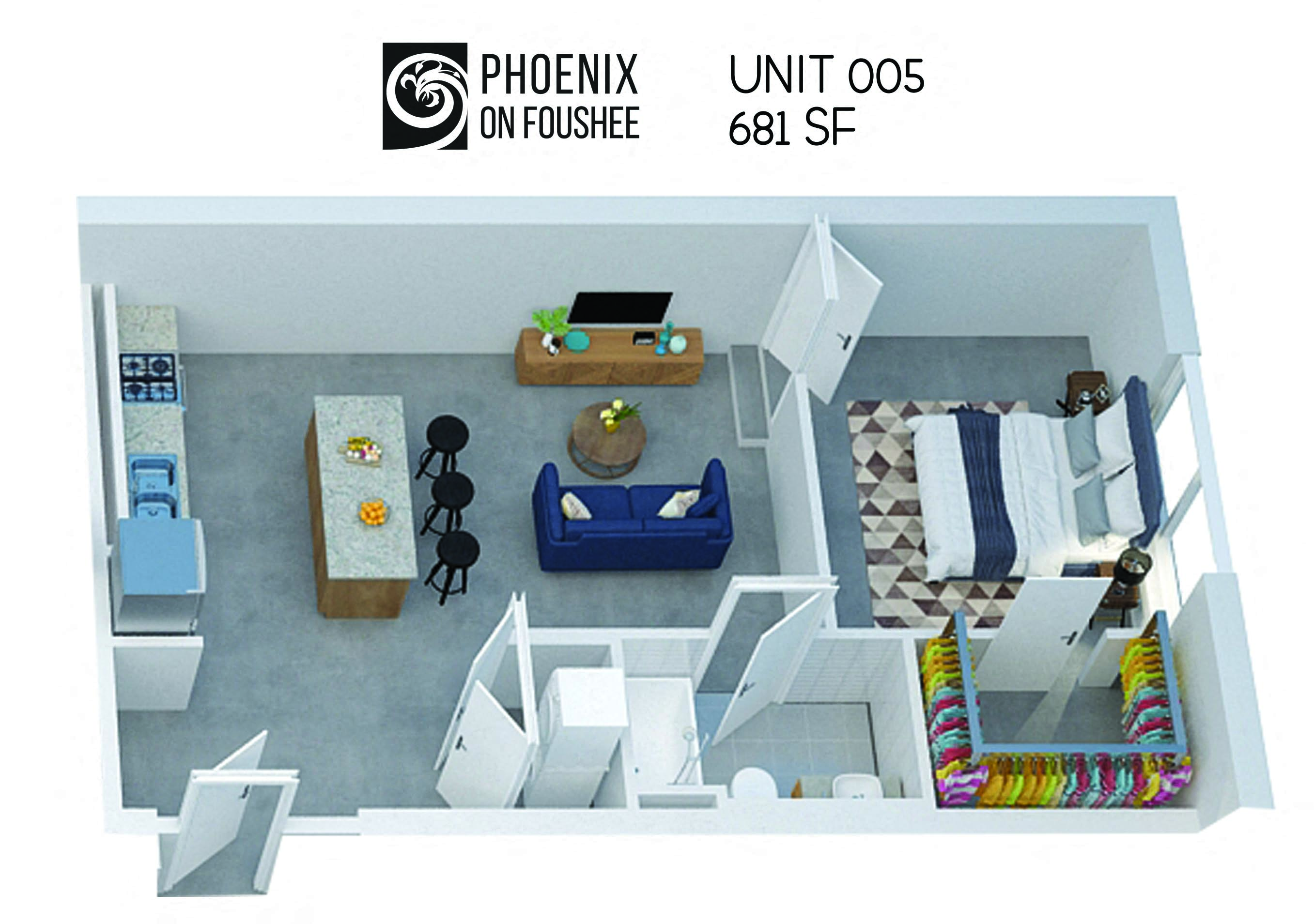 Floor plan for 1 bed, 1 bath, 681 sqft