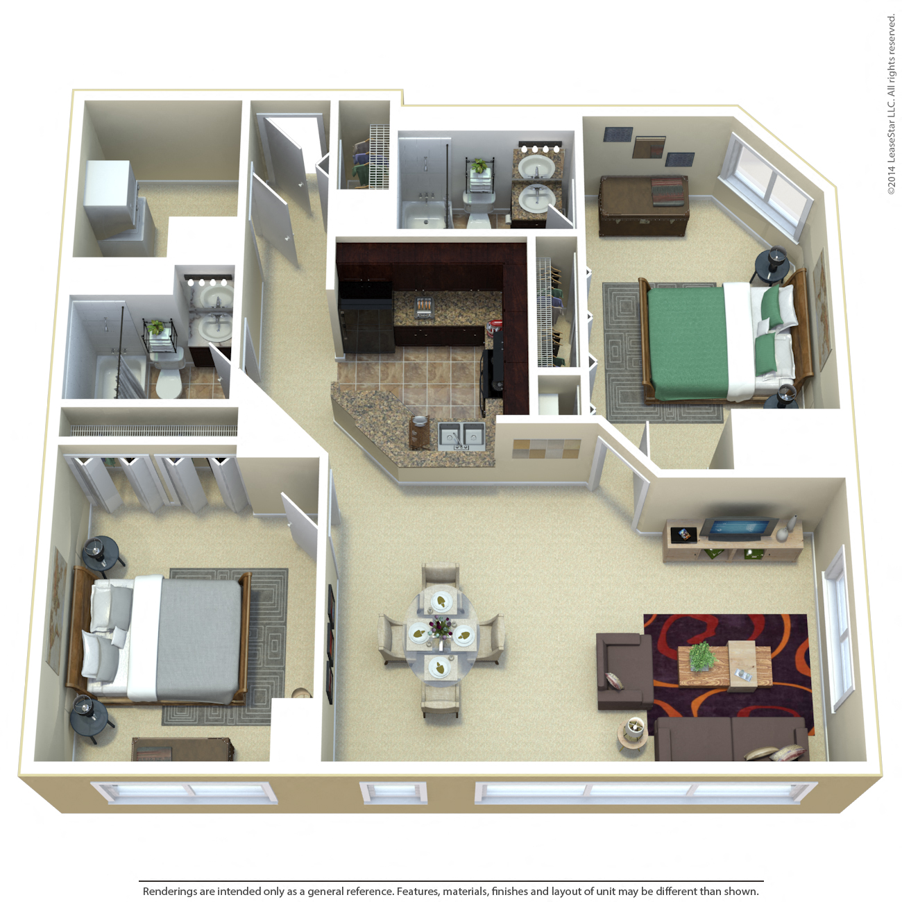 Floor plan for 2 beds, 2 baths, 1140 sqft