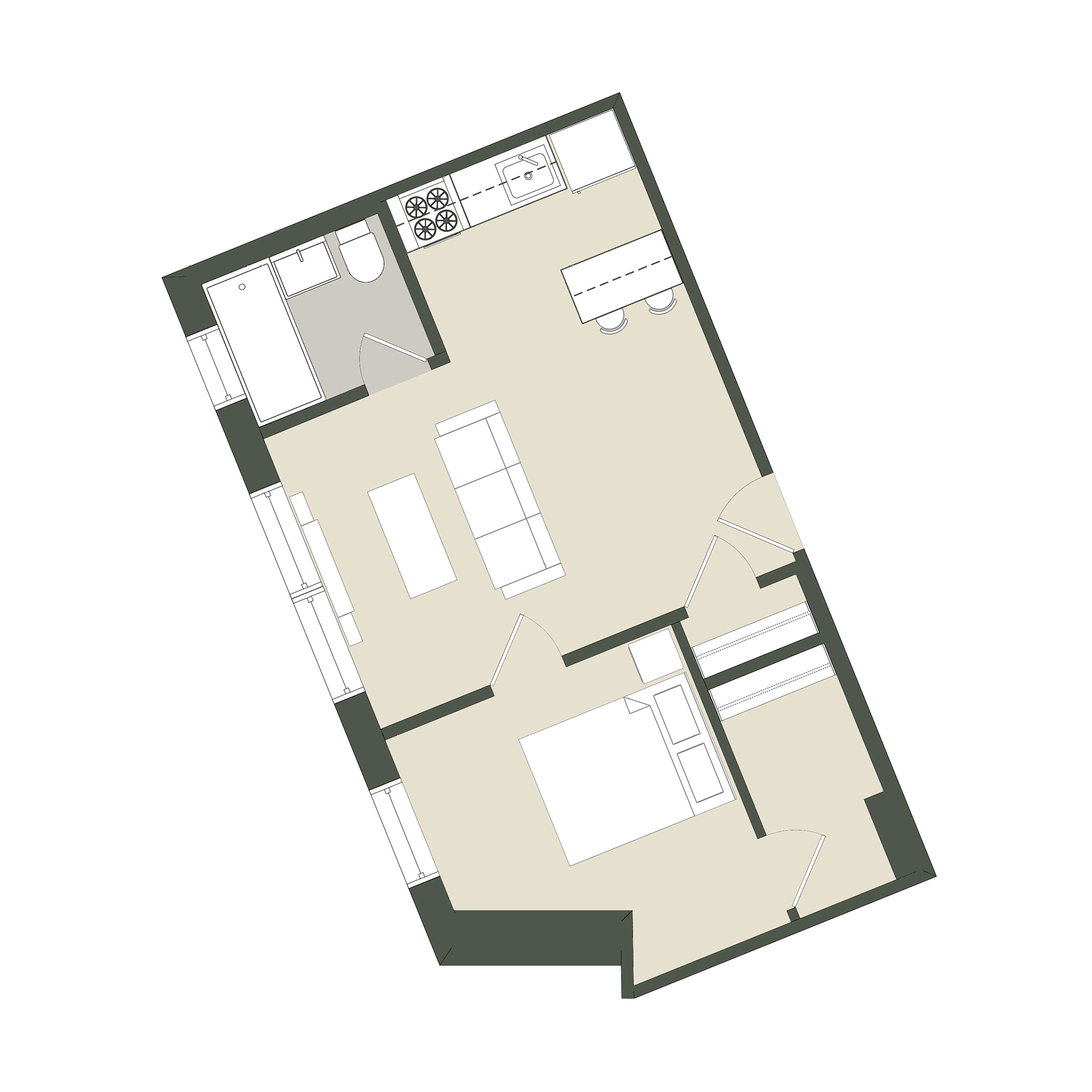 Floor plan for studio, 1 bath, 258 sqft