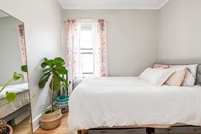 Chicago apartment for rent - a bedroom with a bed and a mirror and a plant