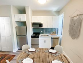 Chicago apartment for rent - a kitchen with stainless steel appliances and a wooden table