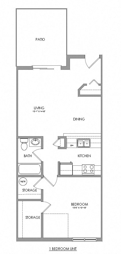 Floor plan for 1 bed, 1 bath, 635 sqft