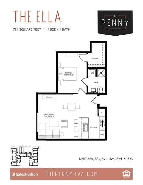Floor plan for 1 bed, 1 bath, 724 sqft