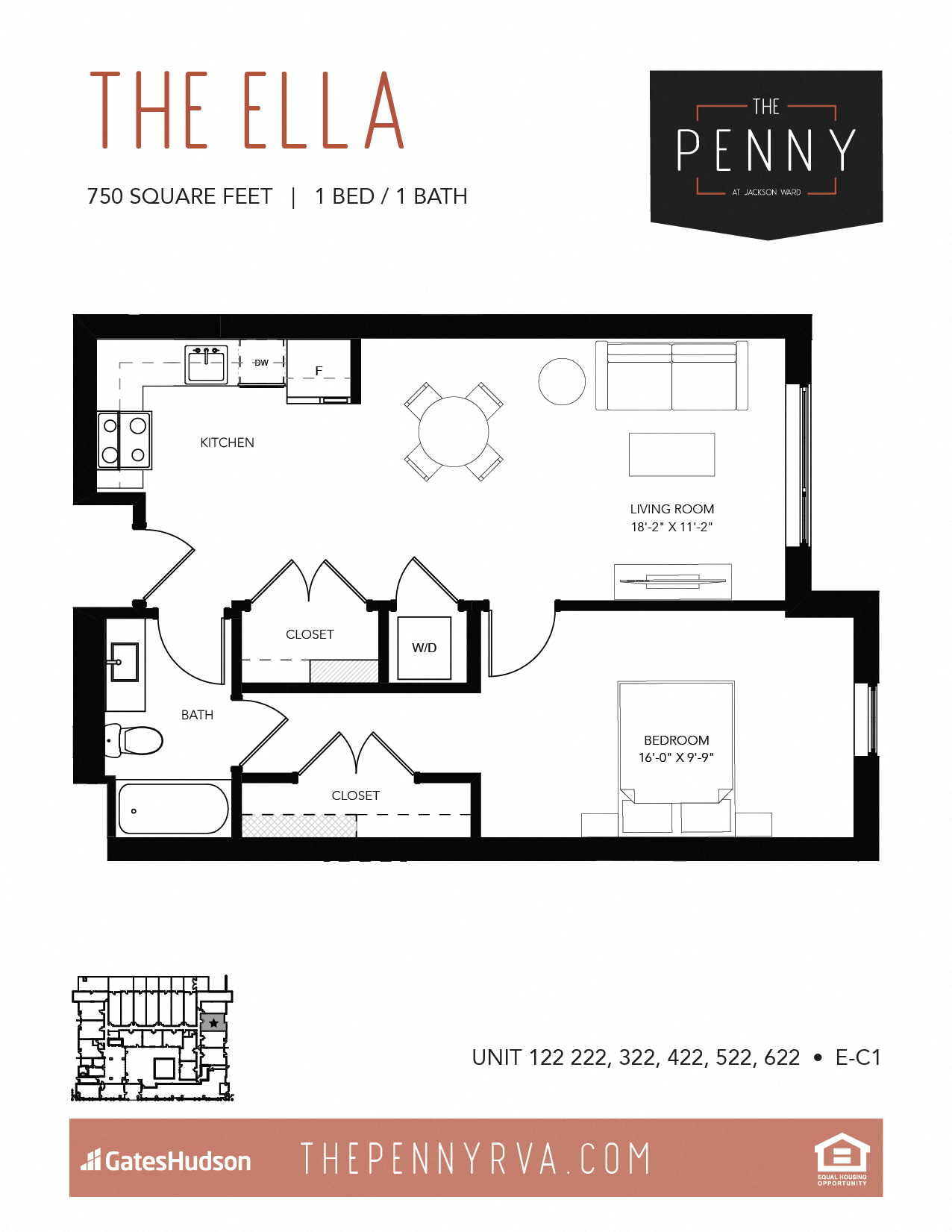 Floor plan for 1 bed, 1 bath, 750 sqft
