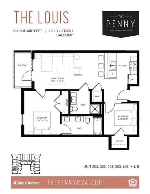 Floor plan for 2 beds, 2 baths, 856 sqft