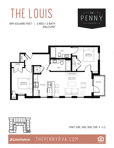 Floor plan for 2 beds, 2 baths, 894 sqft