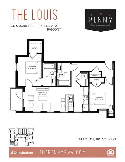 Floor plan for 2 beds, 2 baths, 932 sqft