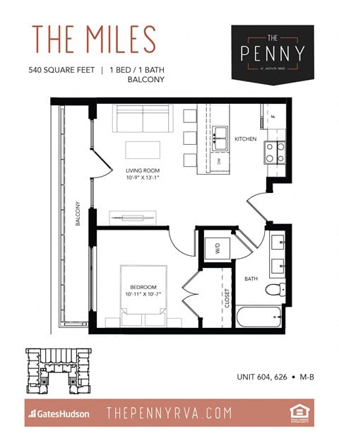 Floor plan for 1 bed, 1 bath, 540 sqft