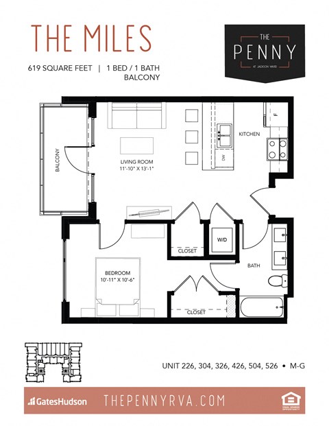 Floor plan for 1 bed, 1 bath, 619 sqft