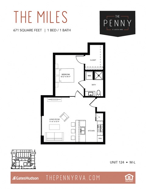 Floor plan for 1 bed, 1 bath, 671 sqft