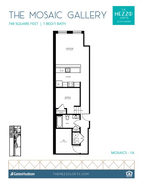 Floor plan for 1 bed, 1 bath, 618 sqft