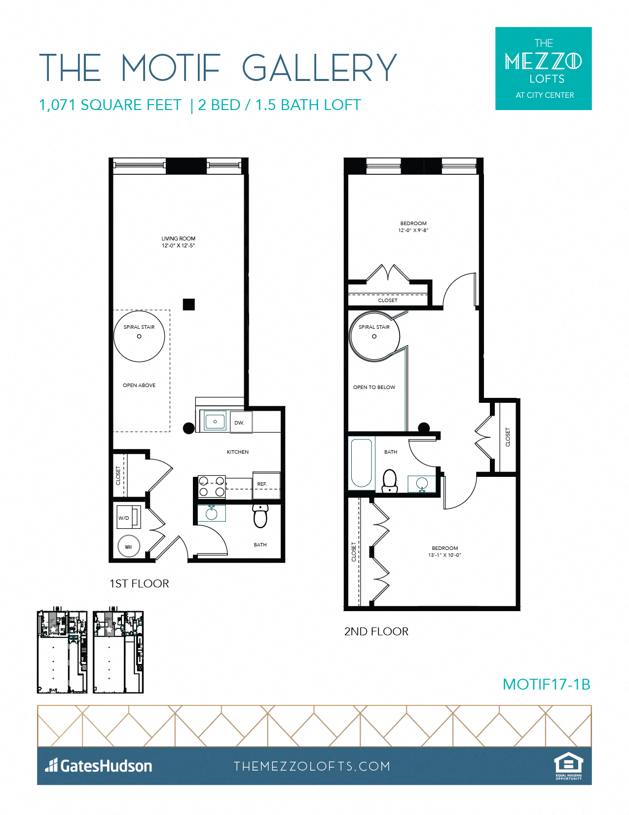 Floor plan for 2 beds, 1.5 baths, 1071 sqft