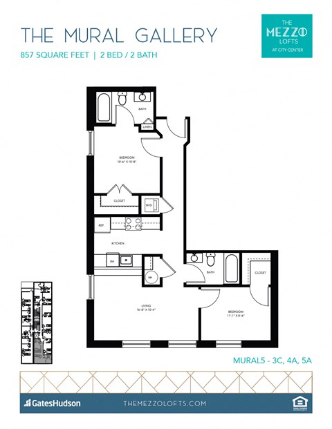 Floor plan for 2 beds, 2 baths, 857 sqft
