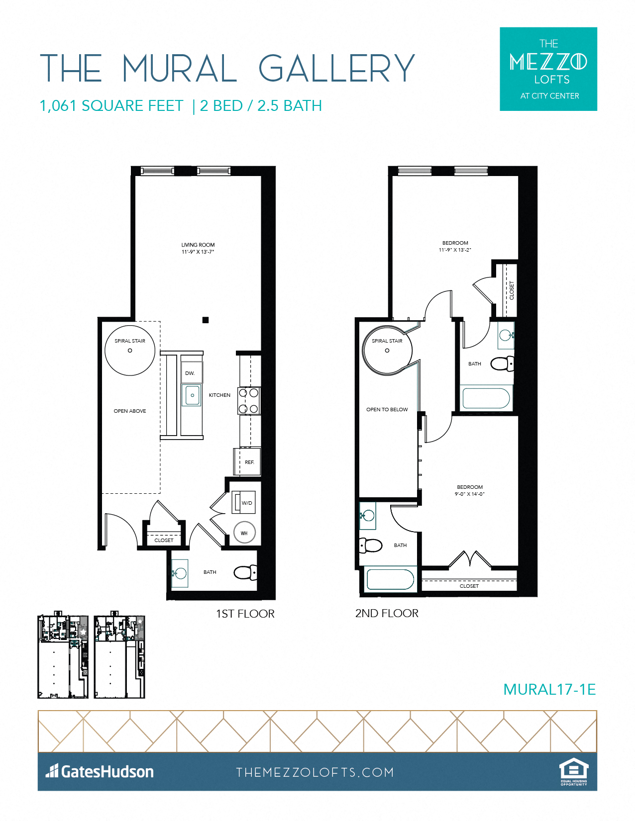 Floor plan for 2 beds, 2.5 baths, 1061 sqft